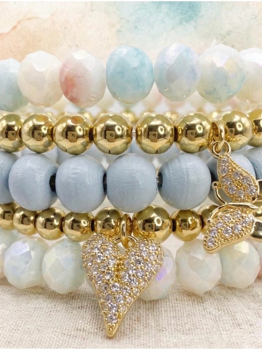 Gold & Light Blue Bead Charm Bracelet Set - Heart and Butterfly Charms